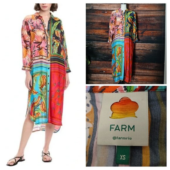 Farm Rio Shirt Dress Size XS Scarf Mmix Oversized Button Front Side Slits FLAWS - Picture 1 of 10